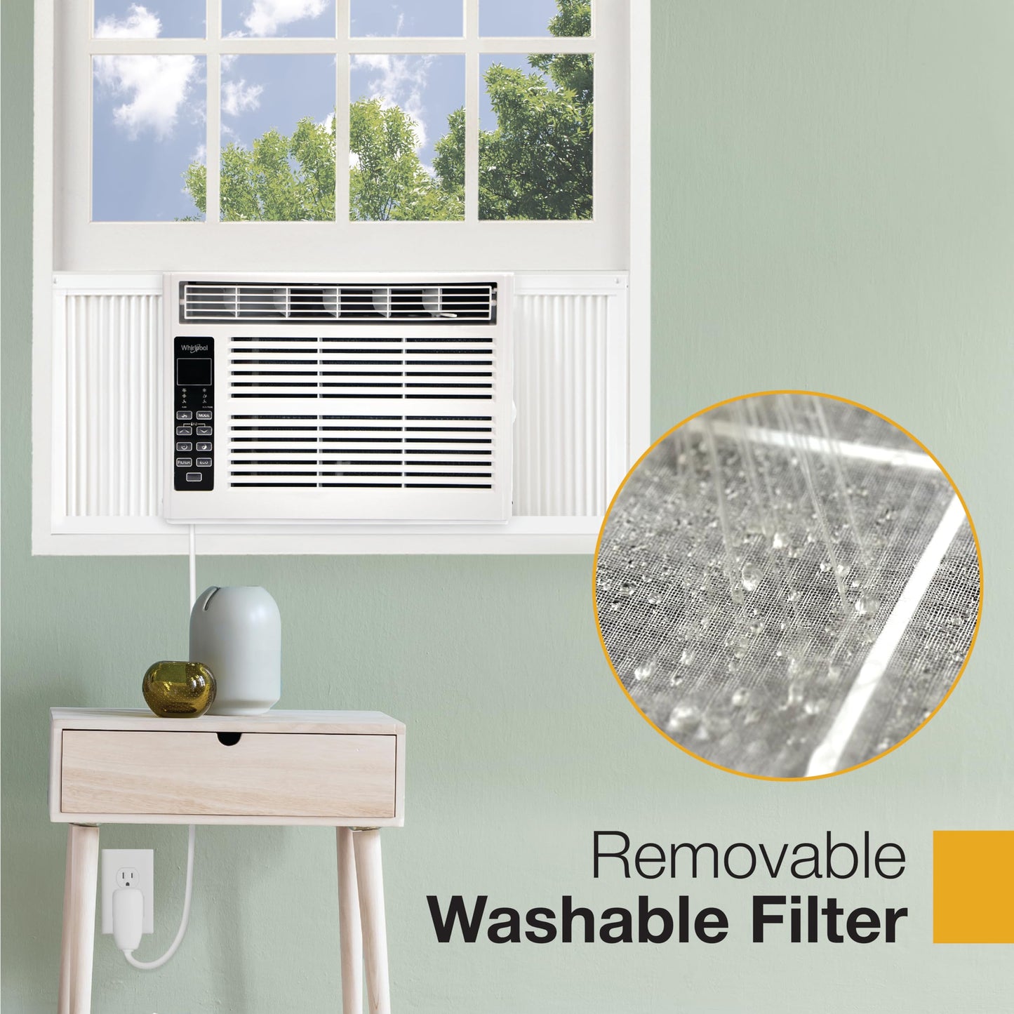Whirlpool WHAW061CW 6,000 BTU Air Conditioner with Dehumidifier, 115V, Window AC 250 Sq. Ft, Living Room, Bedroom, or Kitchen, with Remote Control, Digital Display, and 24H-Timer, Bright White