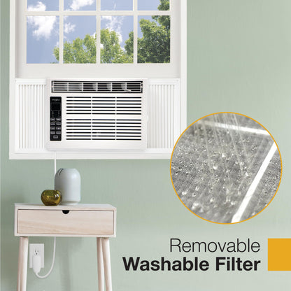 Whirlpool WHAW061CW 6,000 BTU Air Conditioner with Dehumidifier, 115V, Window AC 250 Sq. Ft, Living Room, Bedroom, or Kitchen, with Remote Control, Digital Display, and 24H-Timer, Bright White