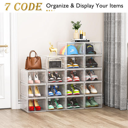 7 code Large Clear Shoe Boxes Organizer【Thicker Material】 Stronger Shoe Box with Magnetic Door, Stackable Shoe Storage Box for Closet, Foldable Space-Saving Storage Bins Shoe Cabinet, White 9 Pack