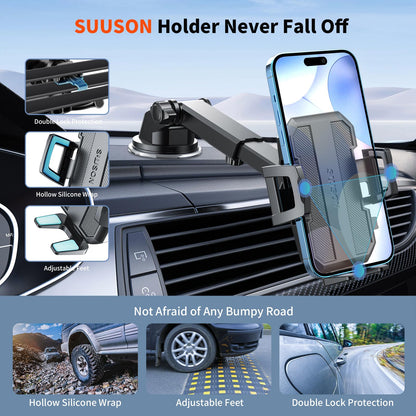 SUUSON Upgraded 3-in-1 Car Phone Holder Mount [Powerful Suction] Phone Mount for Car Dashboard Air Vent Windshield,for All iPhone Android Phone (Black)