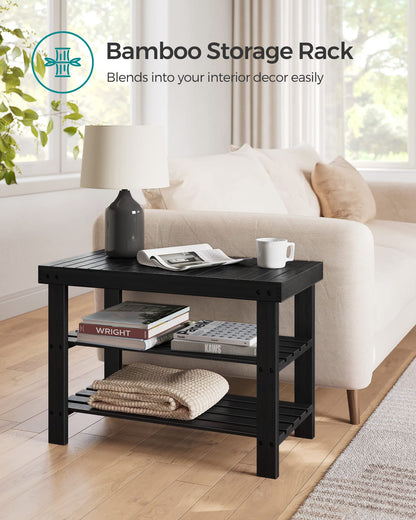 SONGMICS Shoe Rack Bench, 3-Tier Bamboo Shoe Storage Organizer, Entryway Bench, Holds Up to 286 lb, 11.3 x 27.6 x 17.8 Inches, for Entryway Bathroom Bedroom, Ink Black ULBS04H