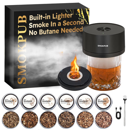 SMOKPUB Electric Whiskey Smoker Kit Built-in Lighter, No Butane Needed, Rechargeable Cocktail Smoker Kit with 6 Wood Chips, Old Fashioned Drink Smoker Kit, Bourbon Whiskey Gifts for Men,Dad,Husband
