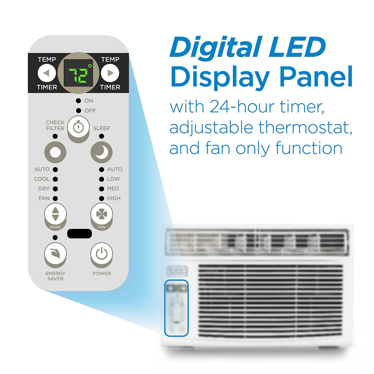 BLACK+DECKER Window Air Conditioner 8000 BTU, AC Window Unit Cools Up to 350 Square Feet, Window AC Unit with Remote Control, 3 Cooling Speeds and Fan Only Function, BD08WT6, White
