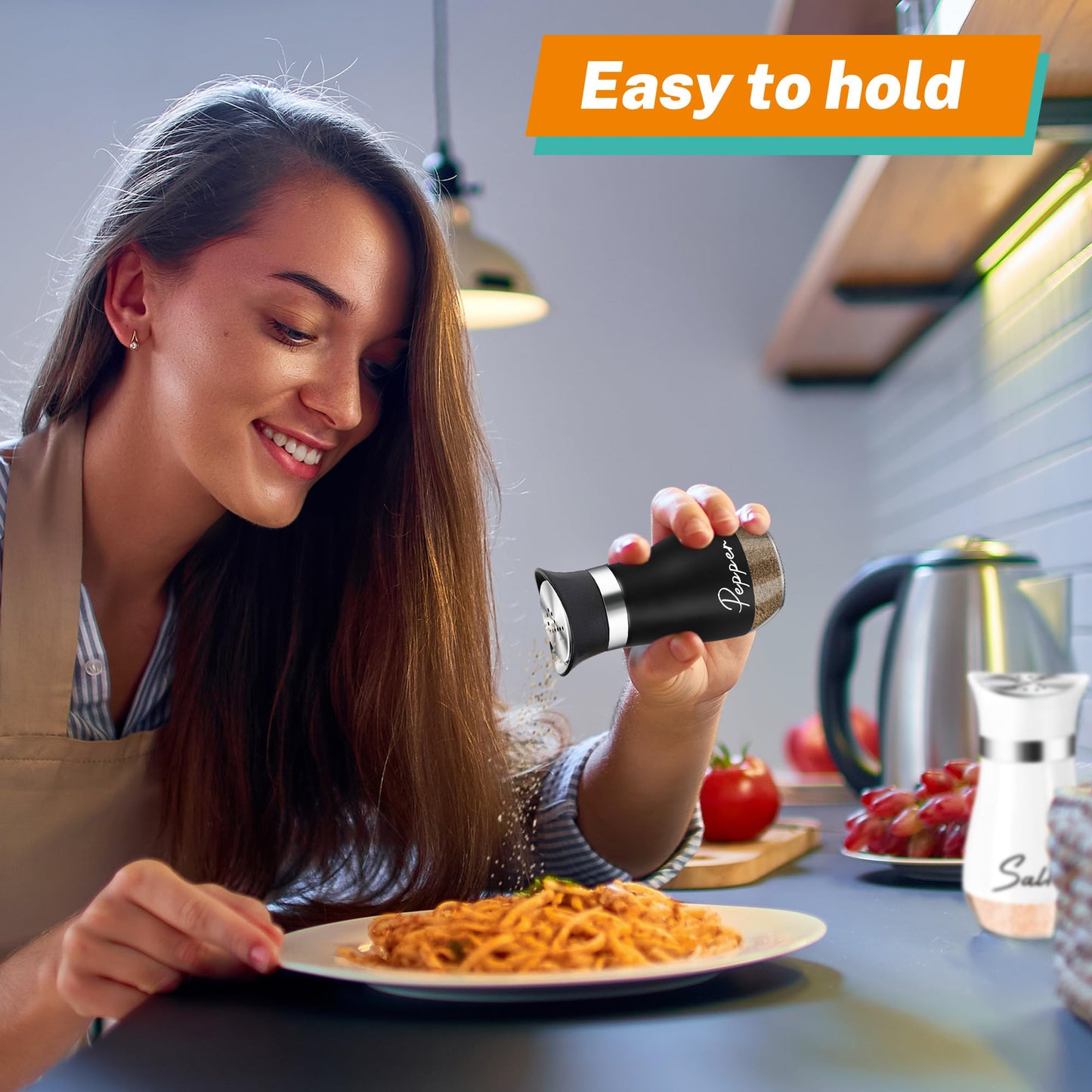 Salt and Pepper Shakers Set,4 oz Glass Bottom Salt Pepper Shaker with Stainless Steel Lid for Kitchen Gadgets Cooking Table, RV, Camp,BBQ Refillable Design (White + Black)