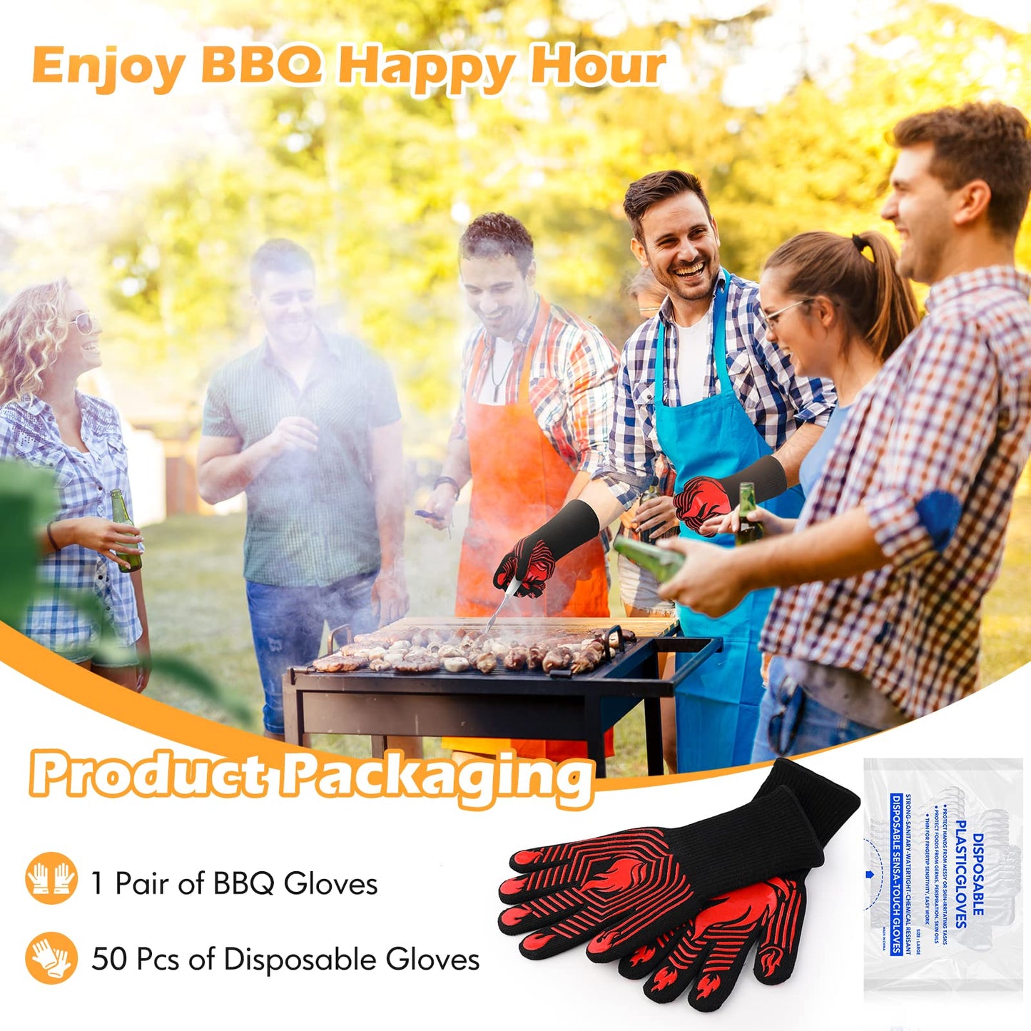 BBQ Gloves, 1472°F Heat Resistant Gloves Fireproof Mitts，Grilling Gloves Silicone Non-Slip Washable Oven Gloves, Kitchen Gloves for Barbecue, Grilling, Cooking, Baking, Camping, Smoker (Red)