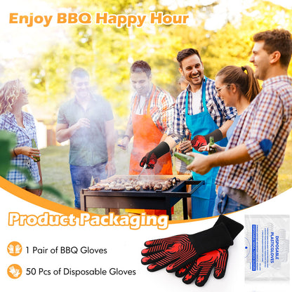 BBQ Gloves, 1472°F Heat Resistant Gloves Fireproof Mitts，Grilling Gloves Silicone Non-Slip Washable Oven Gloves, Kitchen Gloves for Barbecue, Grilling, Cooking, Baking, Camping, Smoker (Red)