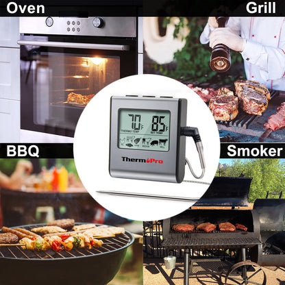 ThermoPro TP16 Large LCD Digital Cooking Food Meat Thermometer for Smoker Oven Kitchen BBQ Grill Thermometer Clock Timer with Stainless Steel Temperature Probe