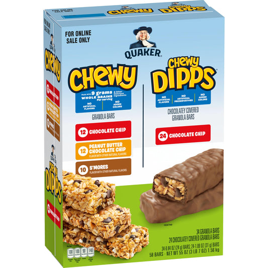 Quaker Chewy Granola Bars, Chewy & Dipps Variety Pack, (58 Bars), Whole Grains, No Artificial Flavors, No Added Colors