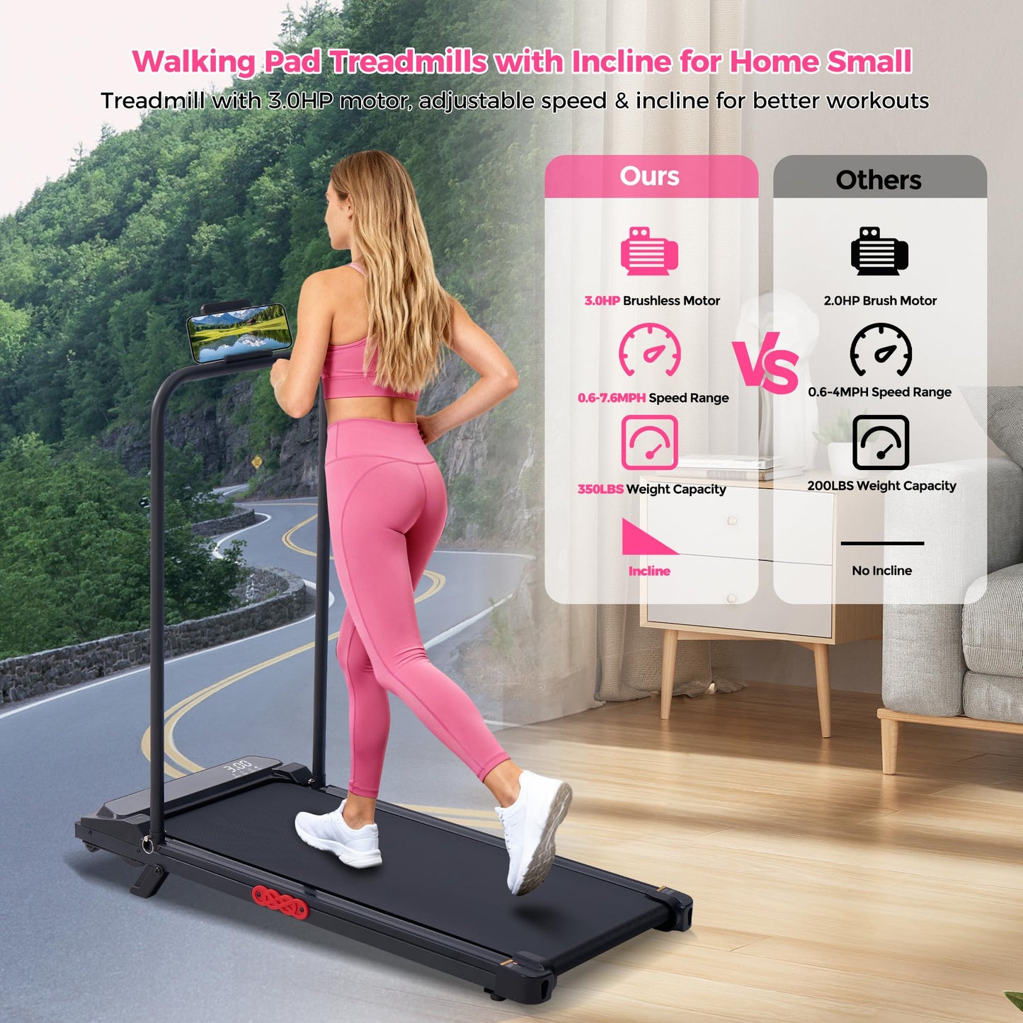 Walking Pad with Incline, 2026 Upgrade Electric Small Walking Pad with Handle Bar, 3.0HP Protable Walking Pad Treadmill with Handles and Incine for Home Small, 0.6-7.6MPH, 350LBS