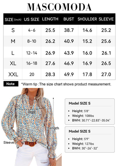 MASCOMODA Womens V Neck Floral Long Sleeve Tops 2024 Summer Casual Loose Puff Sleeve Chiffon Boho Work Blouse Dressy T Shirts(Floral Blue White,Small)