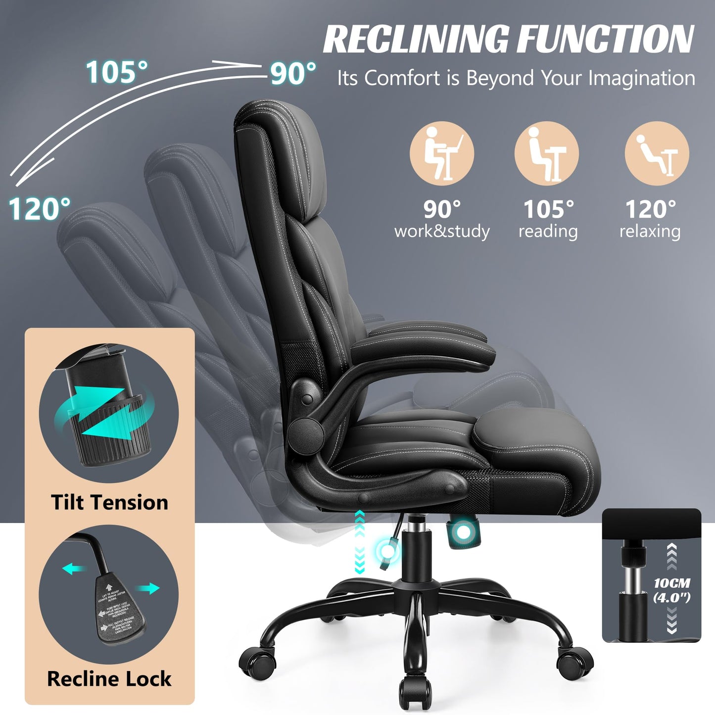 HeroSet Office Chair, Ergonomic Big and Tall Computer Desk Chairs, Executive Breathable Leather Chair with Adjustable High Back Flip-up Armrests, Lumbar Support Swivel PC Chair with Rocking Function