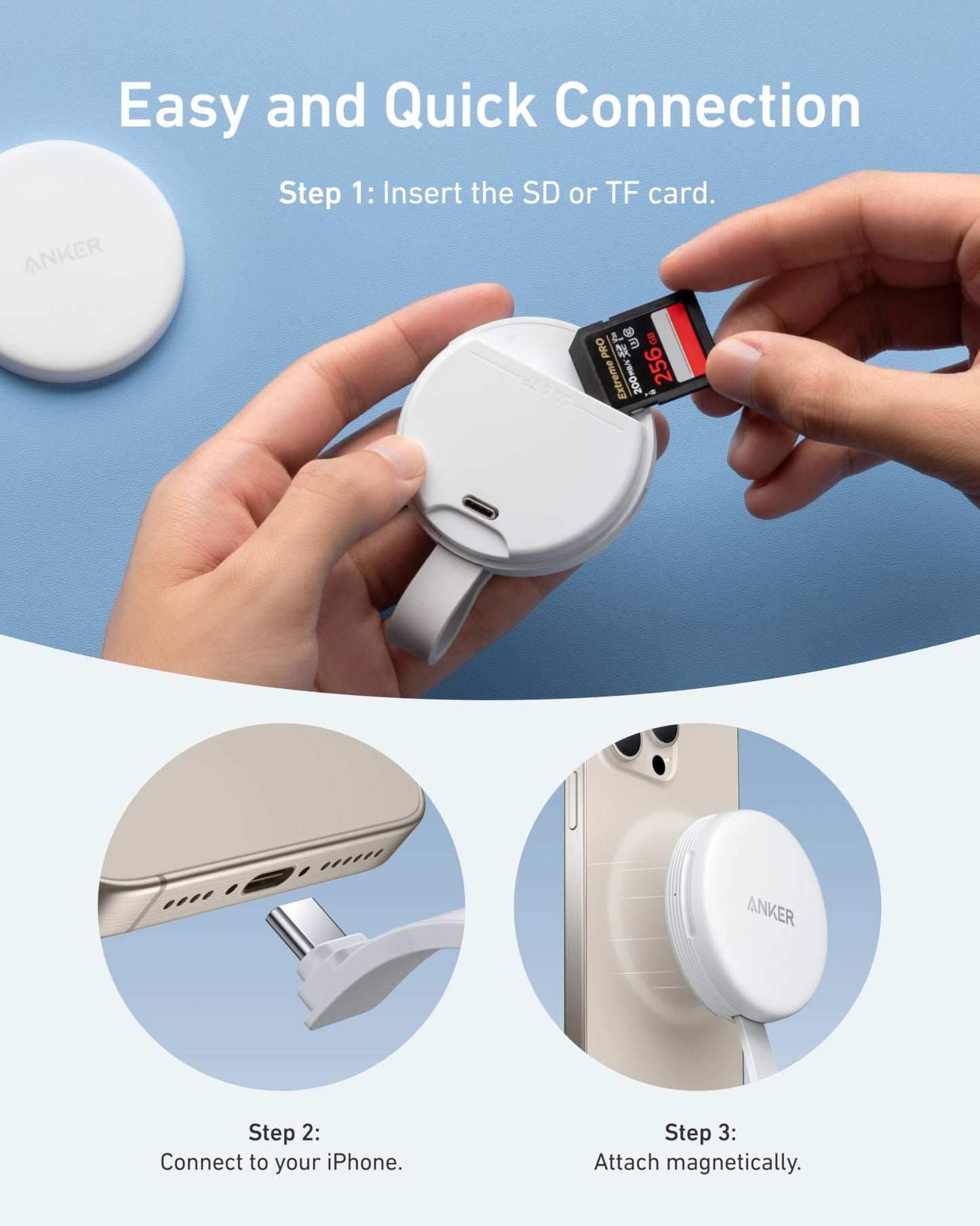 Anker MagGo USB-C Adapter, SD Card Reader for iPhone 16/15 Series, Portable Magnetic Memory Card Reader with Built-in Cable, Slot for SD&TF Card, 312MB/s Max Data Transfer for USB C Devices(White)