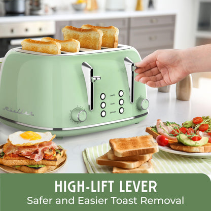 Mueller Retro Toaster 4 Slice with Extra Wide Slots Bagel, Defrost, and Cancel Function, 6 Browning Levels, Dual Independent Controls, Removable Crumb Tray and High Lift Levers, Sage Green