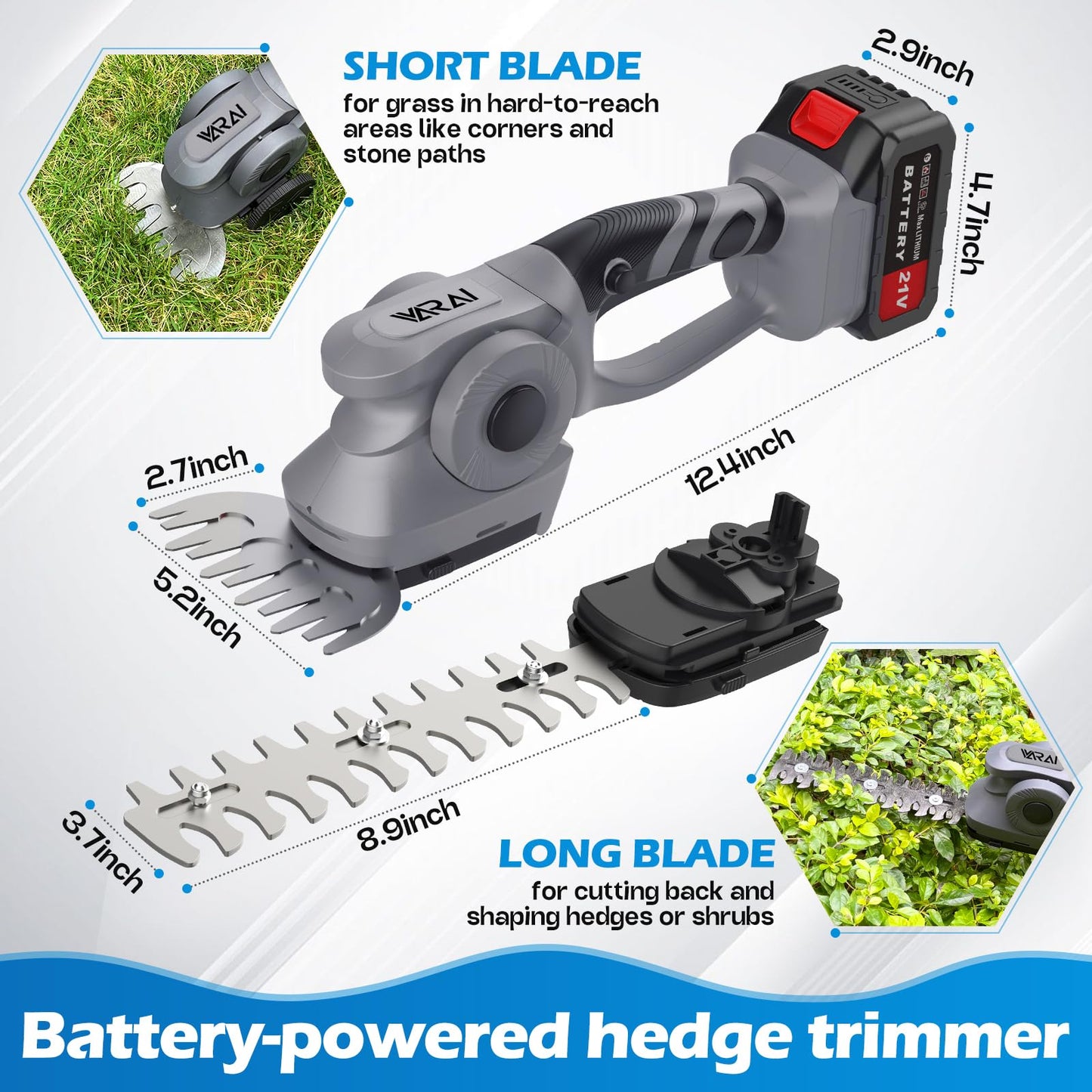 VARAI Hedge Trimmer Cordless, 2 in 1 Cordless Hedge Trimmer with 2600mAh Battery*2, High Power and Large Capacity Hedge Shears for Gardens, Patios and Lawns Charger Included