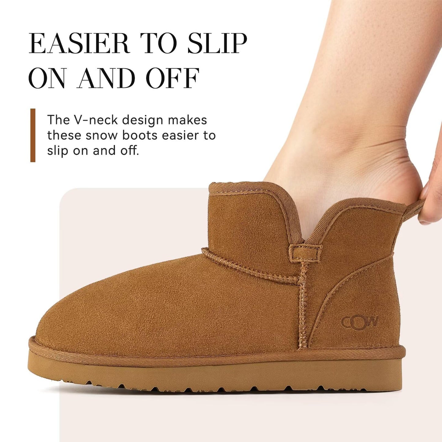 OOW Winter Ankle Genuine Suede Boots for Women Snow Slip On Comfort Short Booties Fall Warm Casual Fuzzy Shoes for Indoor & Outdoor