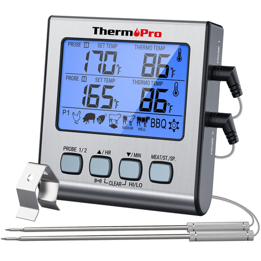 ThermoPro TP17 Dual Probe Digital Cooking Meat Thermometer Large LCD Backlight Food Grill Thermometer with Timer Mode for Smoker Kitchen Oven BBQ, Silver