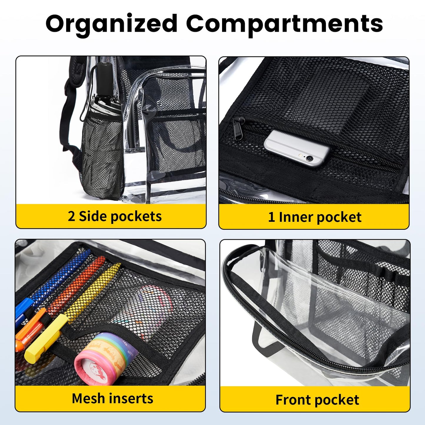 Vorspack Clear Backpack Heavy Duty PVC Transparent Backpack with Reinforced Strap Stitches & Large Capacity for College Workplace Security - Black