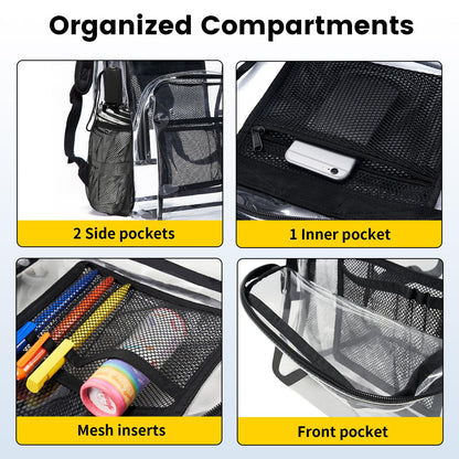 Vorspack Clear Backpack Heavy Duty PVC Transparent Backpack with Reinforced Strap Stitches & Large Capacity for College Workplace Security - Black