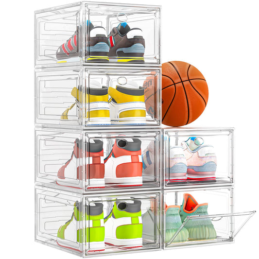 Thicken & Sturdy Clear Shoe Storage Organizer with Magnetic Door, Stackable Boxes for Closet, Foldable Space-Saving Shoe Rack for Sneaker Boot Container, Plastic Shoe Cabinet Shoe Box 6 Pack, White