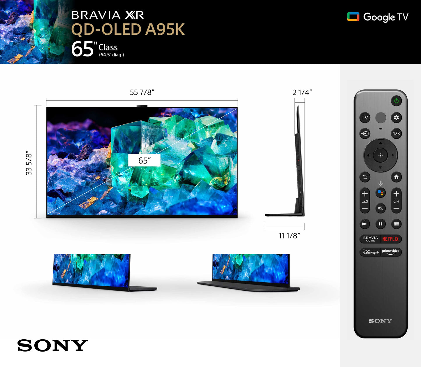 Sony 65 Inch 4K Ultra HD TV A95K Series: BRAVIA XR QD-OLED Smart Google TV with Dolby Vision HDR, Exclusive Features for Playstation 5 Black (2022)