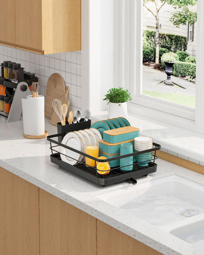 Sakugi Stainless Steel Dish Drying Rack for Kitchen Counter, Sink Organization and Storage Essentials with Silverware & Utensil Holder, Home and Apartment Decor, 12''W x 15.6''L, Black