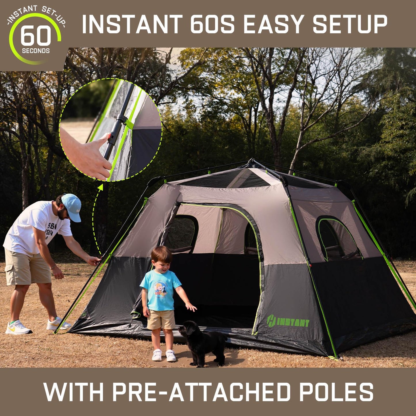 HINSTANT 4/6/8 Person Instant Tent, Waterproof Pop Up Tents for Camping with Rainfly, 60 Seconds Easy Setup, Automatic Cabin Tent for Family Camping with Expandable Carry Bag & Upgraded Ventilation