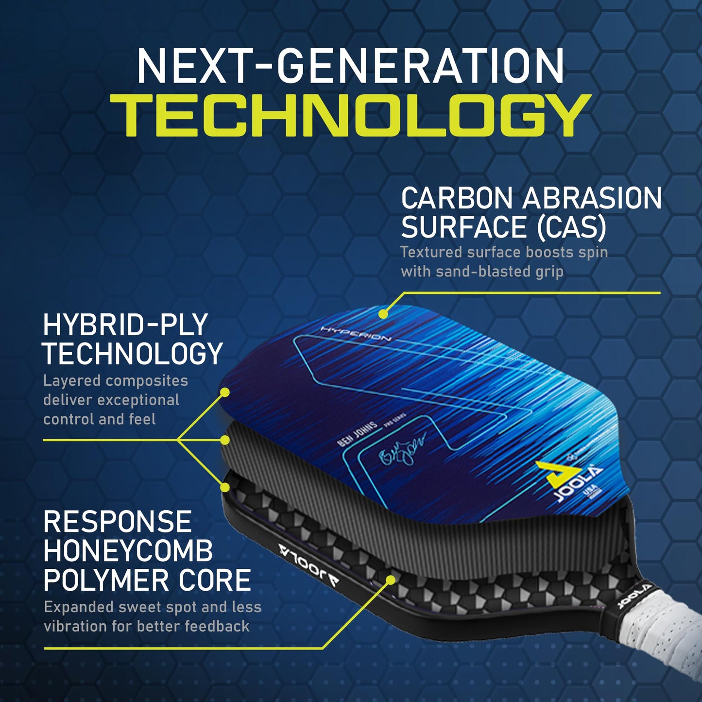 JOOLA Ben Johns Hyperion CAS 16 Pickleball Paddle - Carbon Abrasion Surface with High Grit & Spin, Sure-Grip Elongated Handle, 16mm, with Polypropylene Honeycomb Core, USAPA Approved