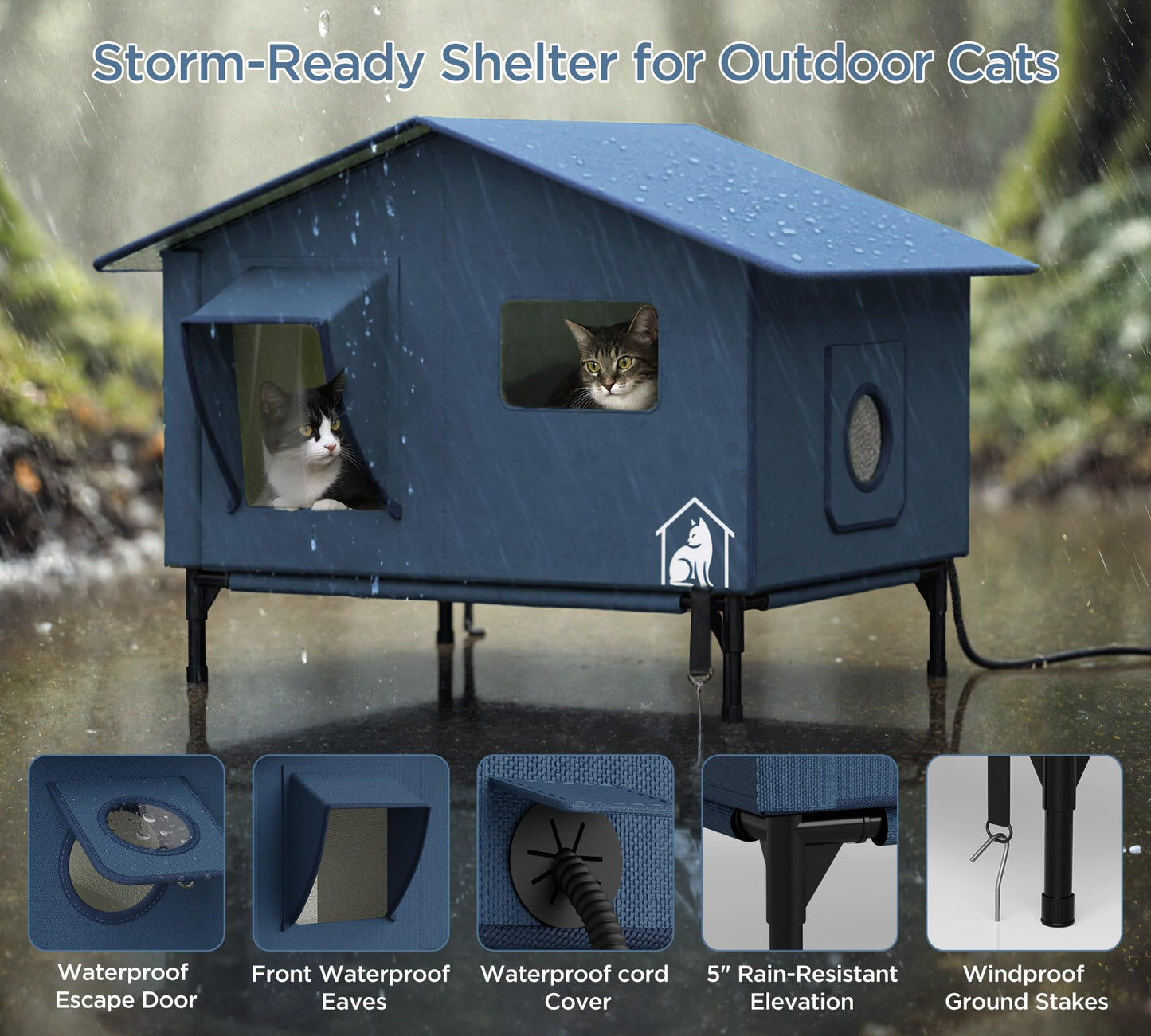 Extra-Wide Heated Cat House for Outdoor Use, Waterproof Insulated Shelter for Winter with Escape Exit, Spacious 23.5" × 21" × 16", Safe Heated Bed, Foldable, Connects to Feeding Station – Blue