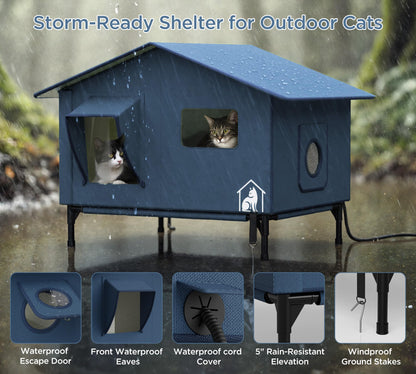Extra-Wide Heated Cat House for Outdoor Use, Waterproof Insulated Shelter for Winter with Escape Exit, Spacious 23.5" × 21" × 16", Safe Heated Bed, Foldable, Connects to Feeding Station – Blue