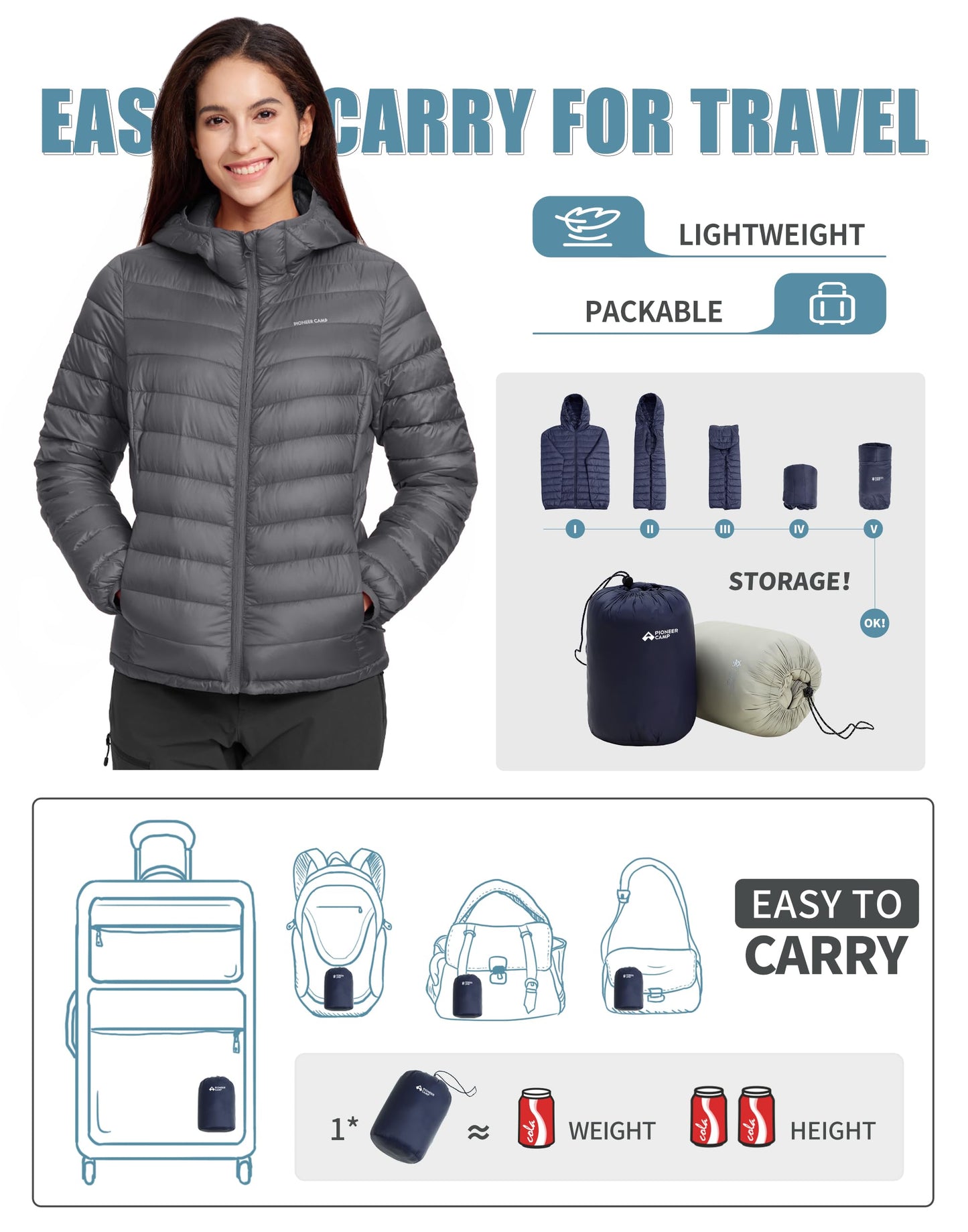 Pioneer Camp Women's Packable Puffer Jacket Winter Light Weight Water-Repellent Quilted Coat with Hood