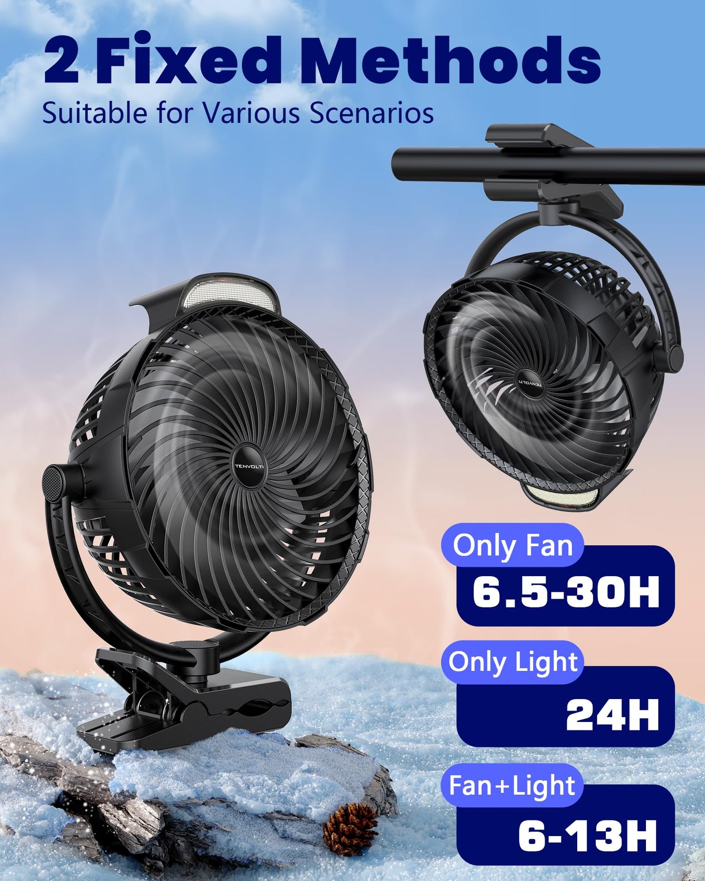 Tenvolti 10000mAh Clip on Fan, 8-Inch Golf Cart Fan Rechargeable with LED Light, 9 Speeds Strong Airflow, Ultra Quiet, 30Hrs Runtime, 360° Rotation, Cooling for Bed Camping Office Desk Dorm, Black