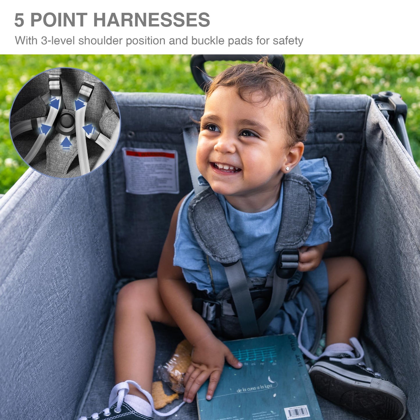 EVER ADVANCED Foldable Wagons for Two Kids & Cargo, Collapsible Folding Stroller with Adjustable Handle Bar,Removable Canopy with 5-Point Harness Gray