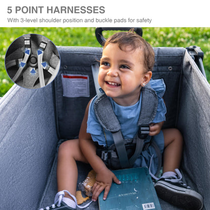 EVER ADVANCED Foldable Wagons for Two Kids & Cargo, Collapsible Folding Stroller with Adjustable Handle Bar,Removable Canopy with 5-Point Harness Gray