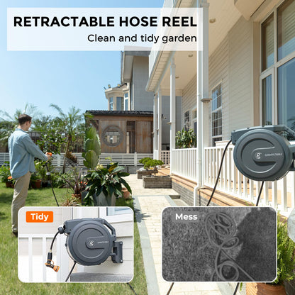 Giraffe Tools Retractable Garden Hose Reel 1/2 Inch x 130 ft, Super Heavy Duty, Any Length Lock, Slow Return System, Wall Mounted and 180 Deg Swivel Bracket