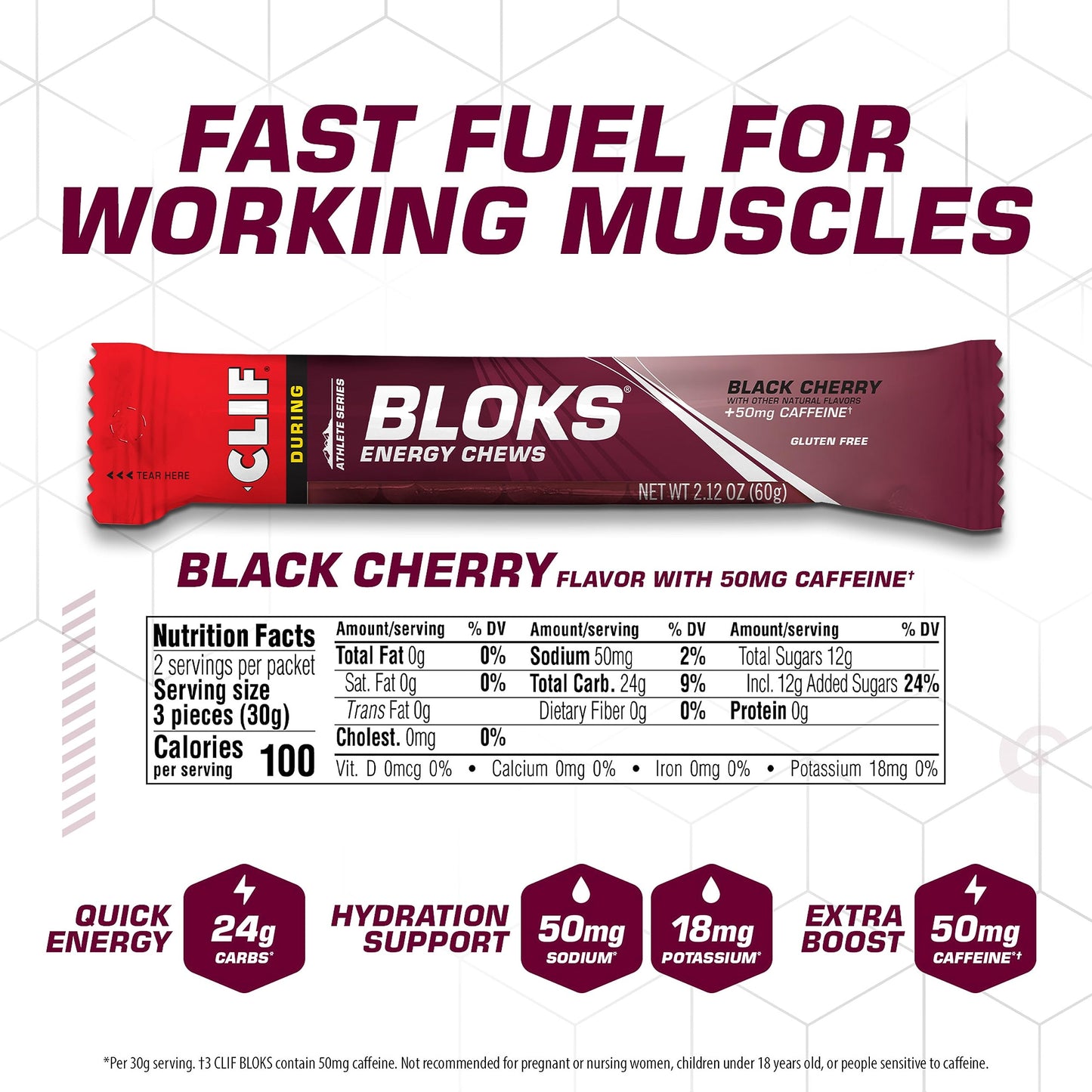CLIF BLOKS - Black Cherry Flavor with Caffeine - Energy Chews - Non-GMO - Plant Based - Fast Fuel for Cycling and Running - Quick Carbohydrates and Electrolytes - 2.12 oz. (18 Count)