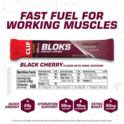 CLIF BLOKS - Black Cherry Flavor with Caffeine - Energy Chews - Non-GMO - Plant Based - Fast Fuel for Cycling and Running - Quick Carbohydrates and Electrolytes - 2.12 oz. (18 Count)