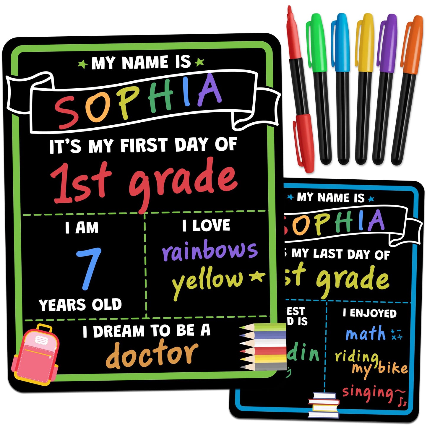 First Day of School Sign Board with Liquid Chalk Markers - 14”x11” Double-Sided & Reusable - My First and Last Day - Back to School Supplies Board for Kindergarten, Preschool