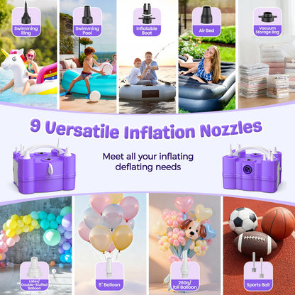 Keaibuding Electric Balloon Pump, 4-in-1 Balloon Blower with Triple Inflating Ports for All Balloons, Air Pump for Sports Balls, Inflator& Deflator for Inflatables with Dust-Proof Storage Bag (Purple)