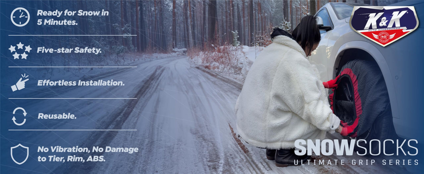 K&K Auto Snow Socks for Tires – Pro Series for Ultimate Grip Approved Snow Chain Alternative Traction Device – Tire Sock for Car SUV Van Minivan – Winter Travel Accessory Emergency Kit – XL (2pcs)