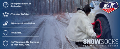 K&K Auto Snow Socks for Tires – Pro Series for Ultimate Grip Approved Snow Chain Alternative Traction Device – Tire Sock for Car SUV Van Minivan – Winter Travel Accessory Emergency Kit – XL (2pcs)