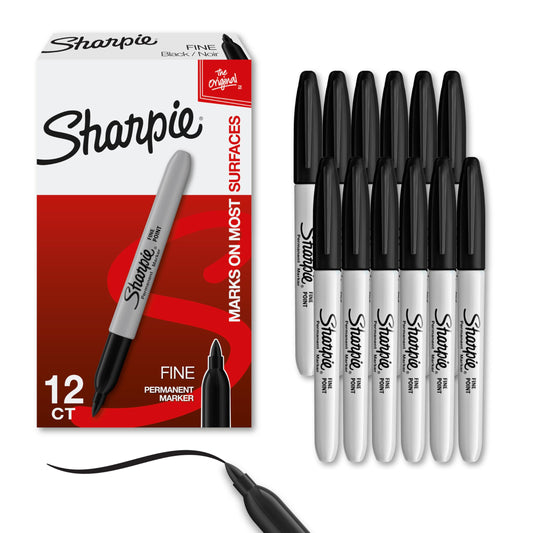 Sharpie Permanent Markers, Fine Tip, Black, 12 Count - For Classroom, Office, & Home, Quick Drying, Fade Resistant, For Wood, Plastic, Paper, Metal, And More, Ideal for Posters, Drawing, Coloring