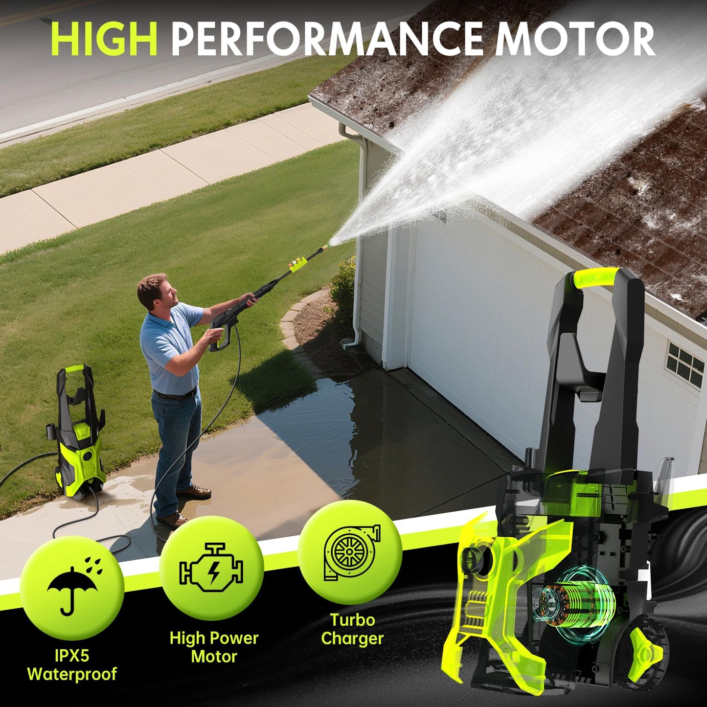 Electric Pressure Washer - 2.5 GPM Portable Lightweight Power Washer, 4 Quick-Connect Nozzles & Adjustable Soap Tank Pressure Washers for Cars, Driveways, Patios, Fences, Decks, Facade, Home Cleaning