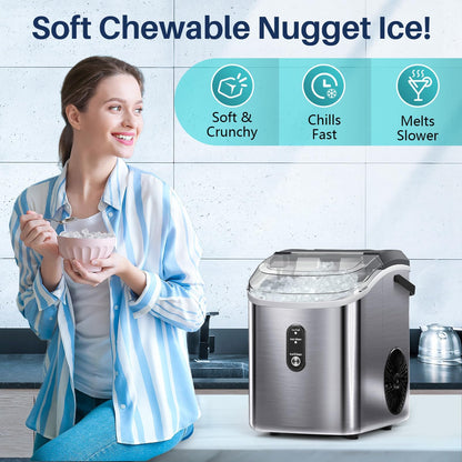 FREE VILLAGE Nugget Ice Maker Countertop, Pebble Ice Maker Machine with Soft Chewable Ice, 34lbs/24H, Self-Cleaning, One-Click Operation, Stainless Steel, Crushed Ice Maker for Home Kitchen Office