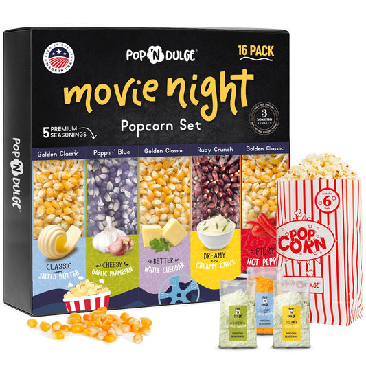 Pop n' Dulge Popcorn Movie Night Supplies 16 pcs Gift Set, 5 Gourmet Popcorn Kernels, 5 Seasoning Variety Packs Non-GMO Kosher Snacks, Great Housewarming Family Date Night Gifts Basket Ideas For Him Her