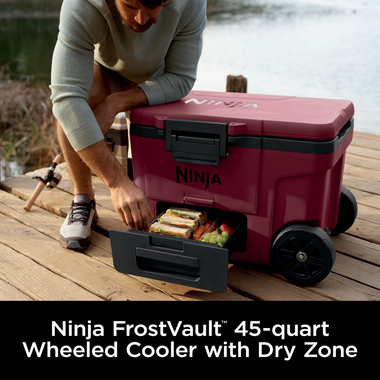 Ninja | Cooler | FrostVault 45QT Cooler with Wheels | Insulated with Temp Dry Storage Drawer | Keeps Ice Cold for Days | for The Beach, Camping, Picnics & More | Canyon Red | FB245MR