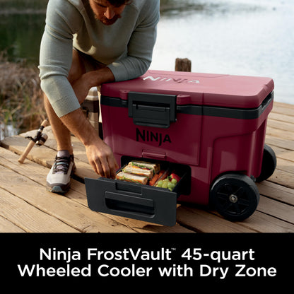 Ninja | Cooler | FrostVault 45QT Cooler with Wheels | Insulated with Temp Dry Storage Drawer | Keeps Ice Cold for Days | for The Beach, Camping, Picnics & More | Canyon Red | FB245MR