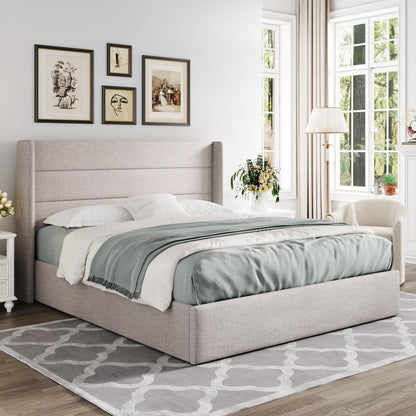 Allewie Queen Size Lift Up Storage Bed, Modern Wingback Headboard, No Box Spring Needed, Hydraulic Storage, Light Beige