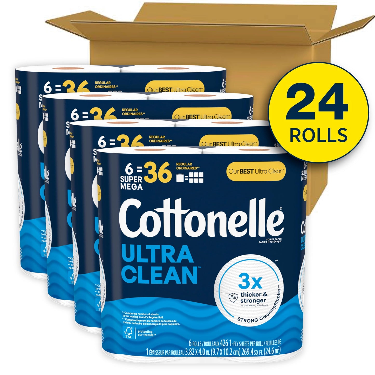 Cottonelle Ultra Clean Toilet Paper, 24 Super Mega Rolls (24 Super Mega Rolls = 144 Regular Rolls) (4 Packs of 6), 426 Sheets Per Roll, Packaging May Vary