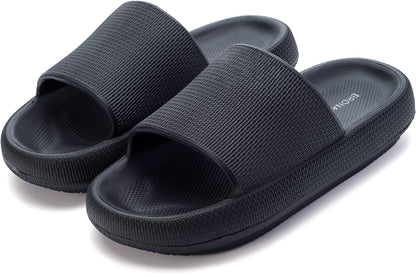 BRONAX Home Slides for Men Pillow House Shower Bathroom Slippers Sandals for Male Size 11 Quick Drying Open Toe Comfy Cushion Soft Thick Sole 44-45 Black