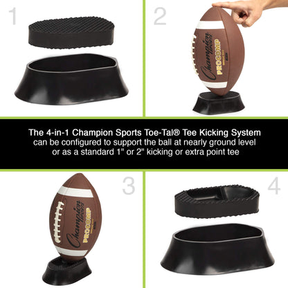 Champion Sports Adjustable 4-in-1 Football Kicking Tee Set for Kickoff Practice - Configurable Ball Holder. Kicking Block, Stand for Low and High Kicks - for Adults, Kids, Coaches